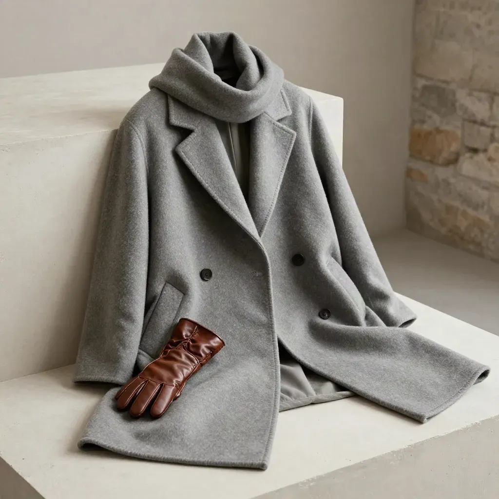 Cappotto di lana aperto su un plinto di cemento chiaro con sciarpa e guanti in pelle