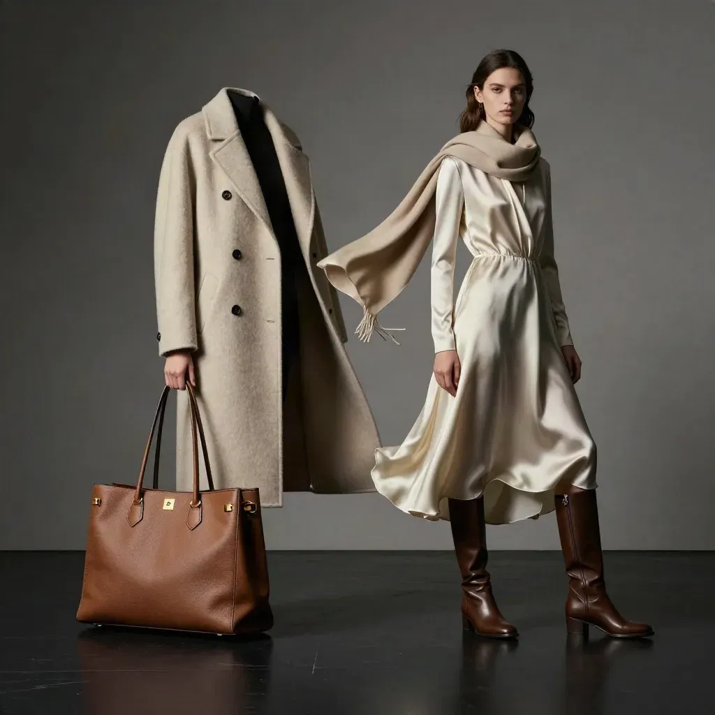 Set invernale con cappotto, abito, borsa, sciarpa e stivali su fondo scuro.