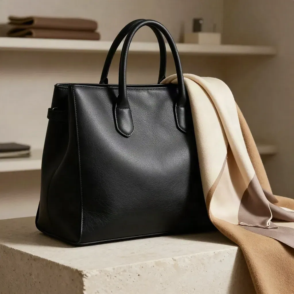 Borsa tote nera in pelle con cappotto piegato e sciarpa di seta crema.