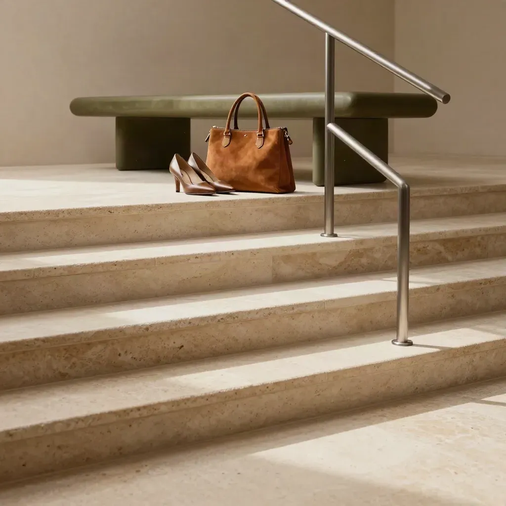 Scala in travertino con corrimano metallico e panca scultorea, luce del mattino
